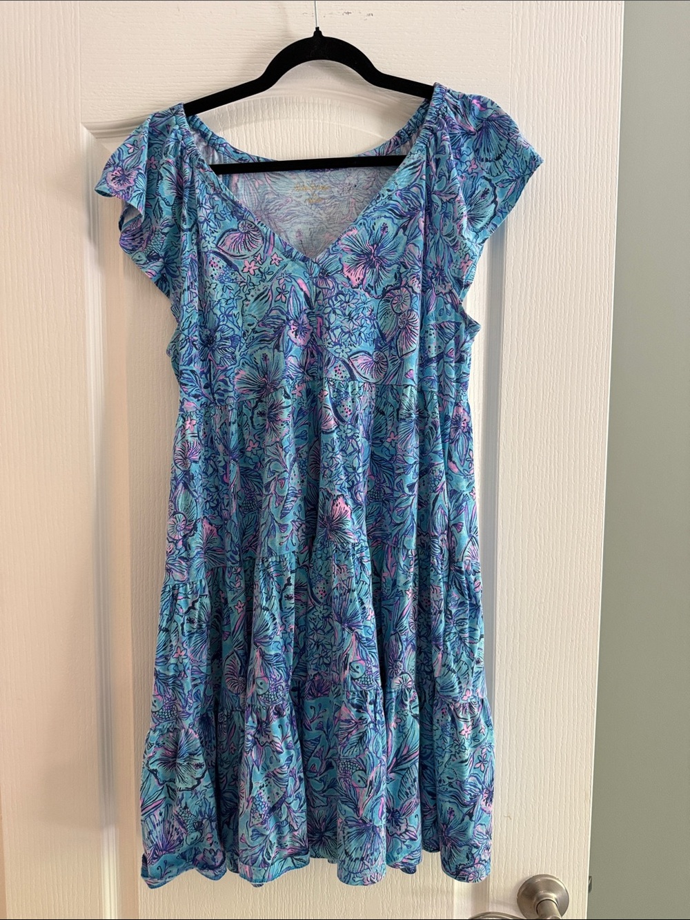 Lilly Pulitzer Blue and Pink Floral V-Neck Tiered Dress